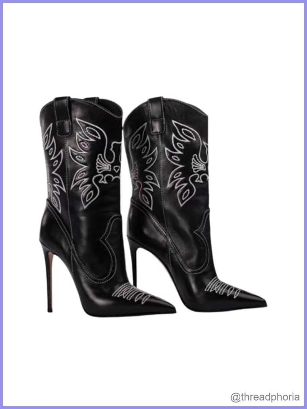 Embroidered Western Cowboy Stiletto Heel Boots Pointed Toe Pull-Up Tabs Mid-Calf